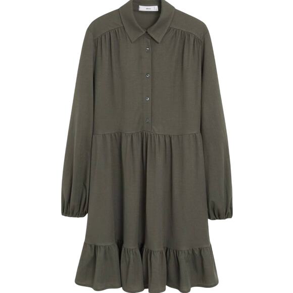 MNG Mango Green Long Sleeve Ruffled Tiered Collared Shirt Dress Size 4 Small - Picture 1 of 5